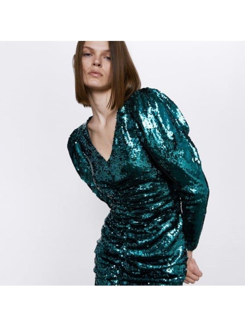 Zara turquoise sequin mini dress XS long sleeve ruched front Glam party stretchy
